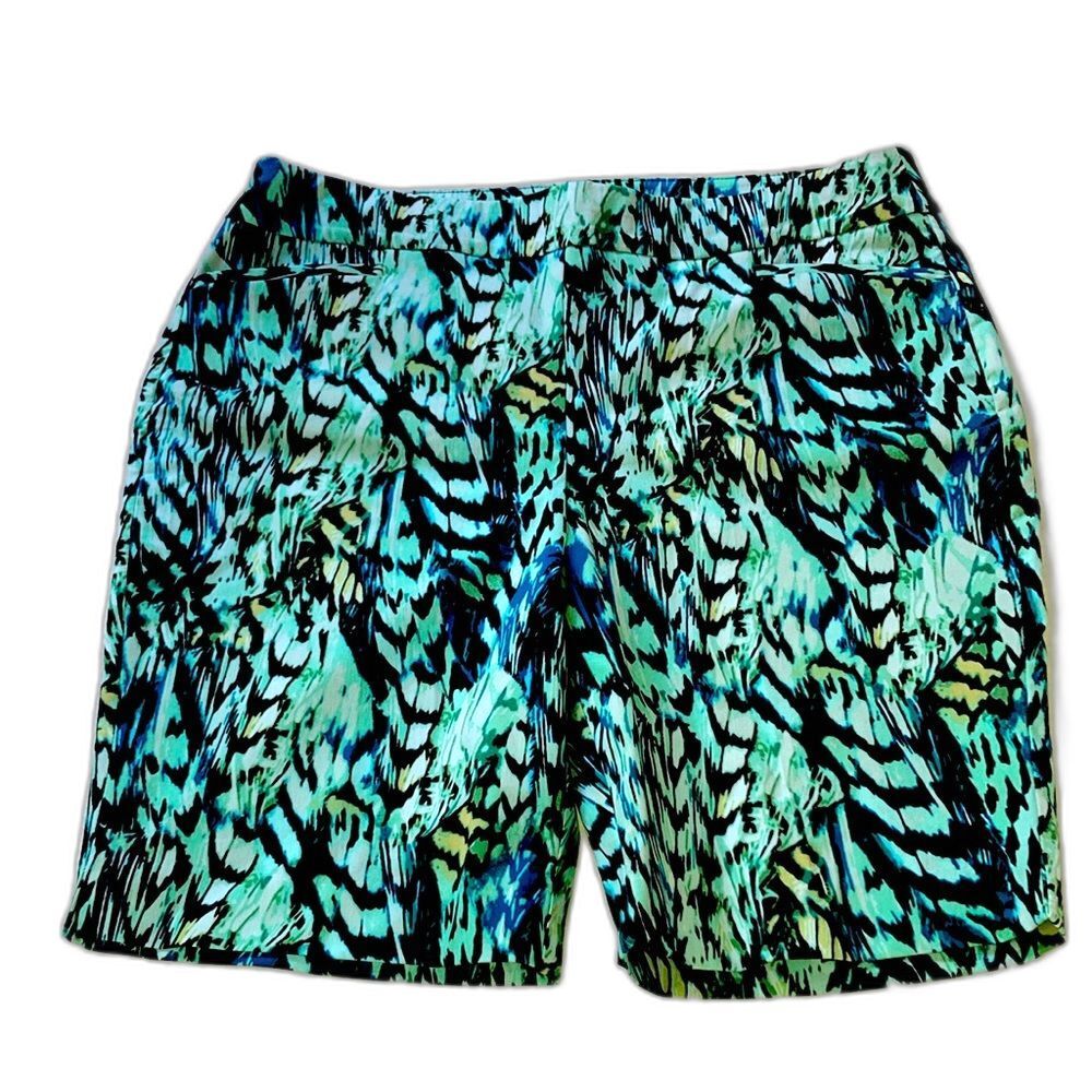 CHICOS So Slimming Brigitte Printed Sl Green Black Abstract Design Large Size 16